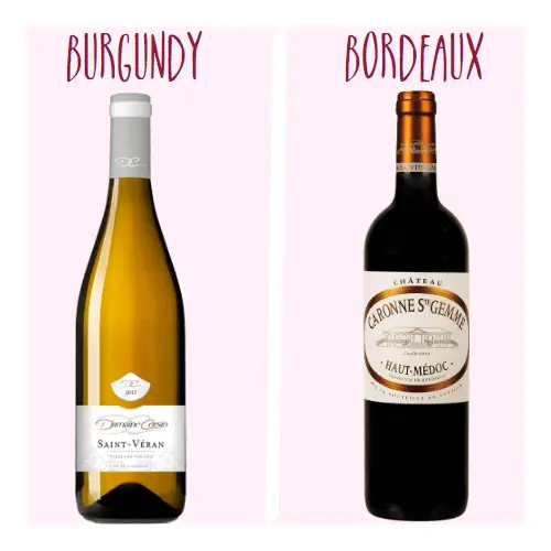 A wider Burgundy wine bottle on the left hand side with more sloping shoulders and a slimmer Bordeaux style bottle on the right