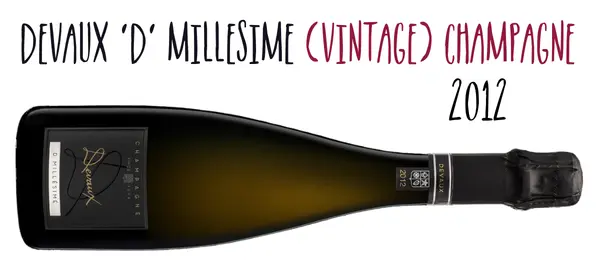 Bottle of Devaux D Millesime vintage Brut Champagne 2012 on its side