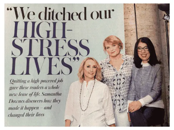 The first page of an article in which Wines With Attitude founder features captioned "we ditched our high-stress lives"