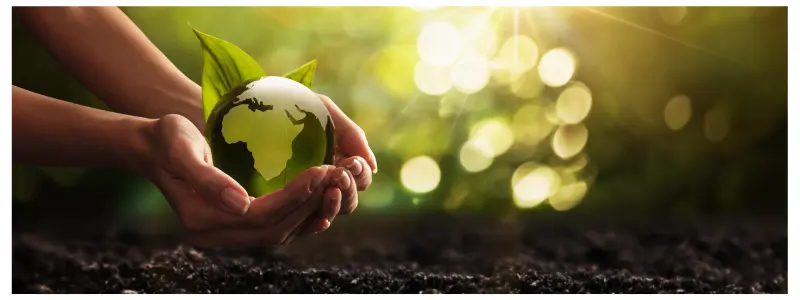 Hands holding a small green globe with a light shining on it from the background