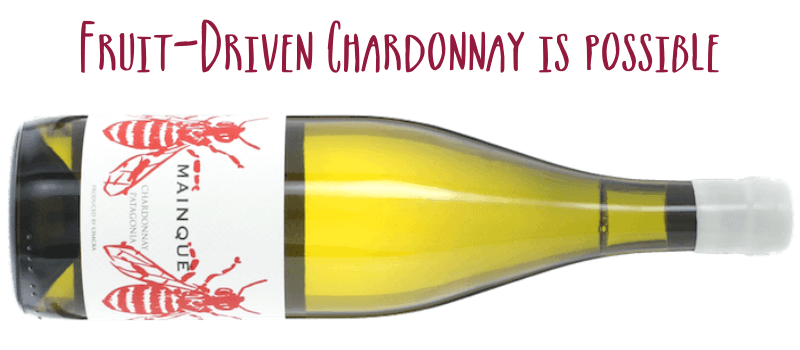 Bottle of Bodega Chacra Mainque Chardonnay on its side captioned Fruit driven Chardonnay is possible