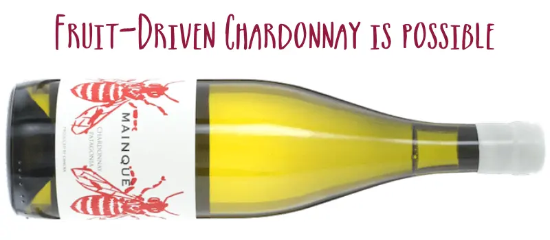 Bottle of Bodega Chacra Mainquée Chardonnay on its side, captioned Fruit-driven Chardonnay is possible