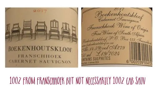 Label from Boekenhoutskloof Franschhoek Cabernet Sauvignon captioned "100% from Franschhoek but not necessarily 100% Cab Sauv."