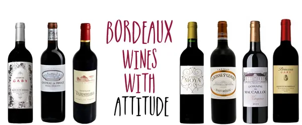 seven bottles of red bordeaux wines captioned "Bordeaux wines with attitude"