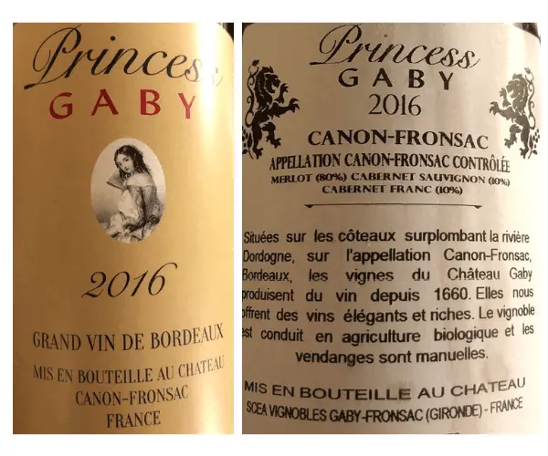 Front and back labels from Chateau Gaby's Princess Gaby wine