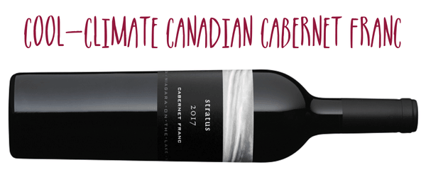 Bottle of Stratus Cabernet Franc on its side Captioned "Cool climate Cabernet Franc"