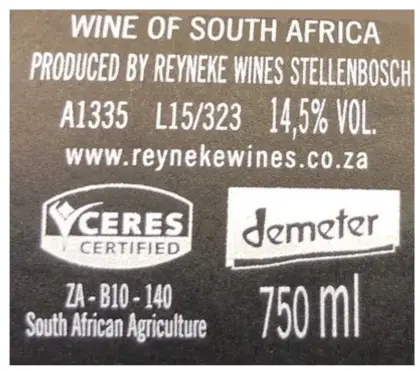 Label from a bottle of Reyneke Reserve Cabernet Sauvignon showing the "demeter" biodynamic certification and the "ceres" organic certification