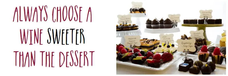 A selection of sweet desserts with the caption "Always choose a wine sweeter than the dessert"