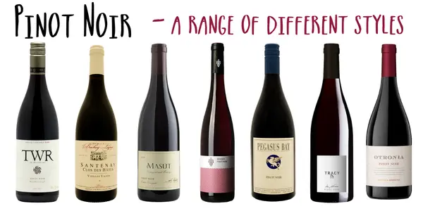 Seven different bottles of Pinot Noir representing the wide range of styles of Pinot Noir