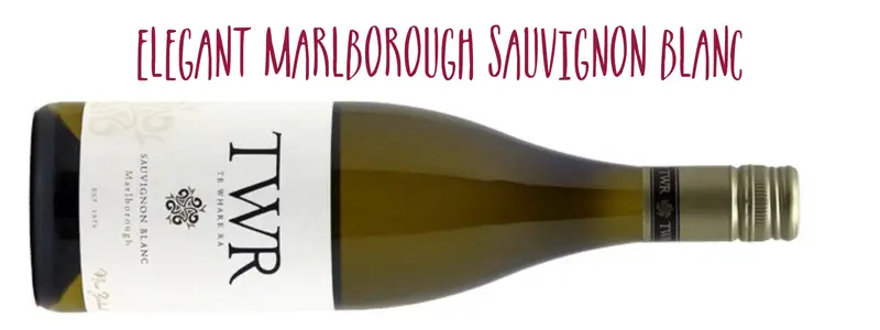 Bottle of TWR Sauvignon Blanc on its side captioned "Elegant Marlborough Sauvignon Blanc"