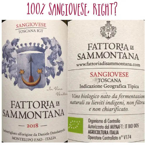 Label from a bottle of Fattoria di Sammontana Sangiovese captioned "100% Sangiovese, right?"