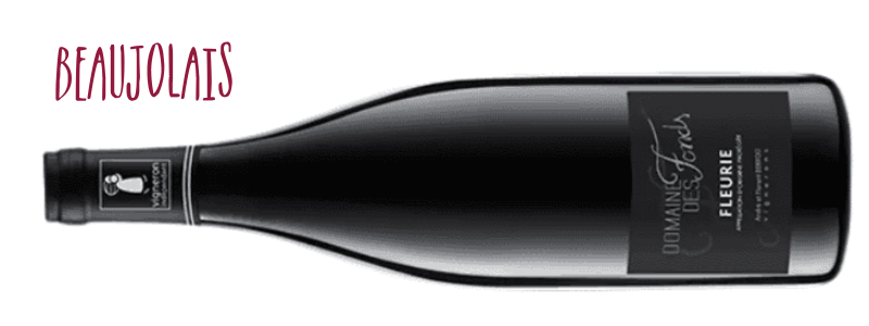 A bottle of Domaine des Fonds Fleurie on its side captioned Beaujolais