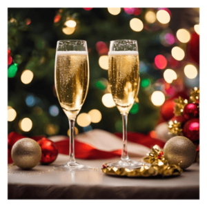 Two glasses of champagne and some Christmas baubles in front of a colourful Christmas tree with white fairy lights