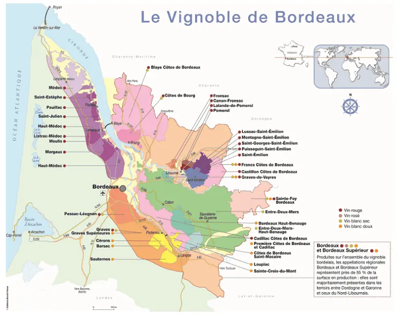 Map of Bordeaux wine region