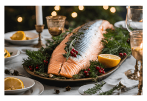 A whole poached salmon on a platter with Christmas decorations and white wine