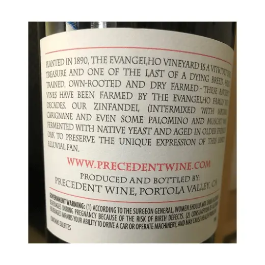 Back label of Precedent Evangelho old vine Zinfandel