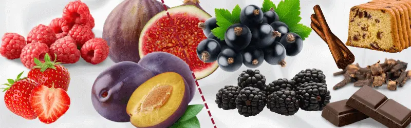 Images of raspberries, strawberries, plums, figs, blackcurrants, blackberries, dark chocolate, cinnamon, cloves and fruit cake representing the flavours of Merlot