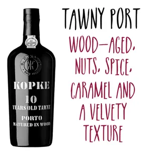 A bottle of Kopke 10 Years Old Tawny port next to the caption "Wood-aged, nuts, spice, caramel and a velvety texture"