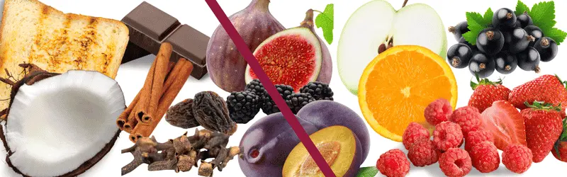 Image of toast, coconut, cloves, cinnamon, dark chocolate, plums, figs, blackberries representing the flavours of oaked wine