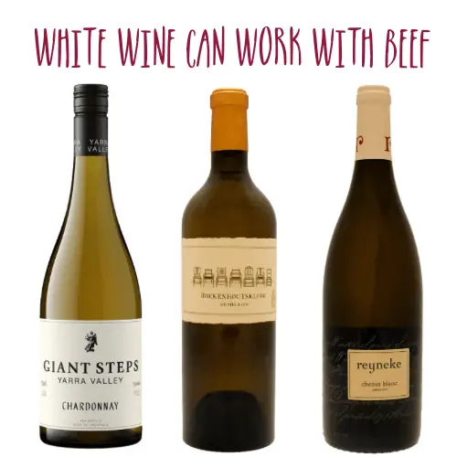 Three bottles of white wine captioned "White wine can work with beef"