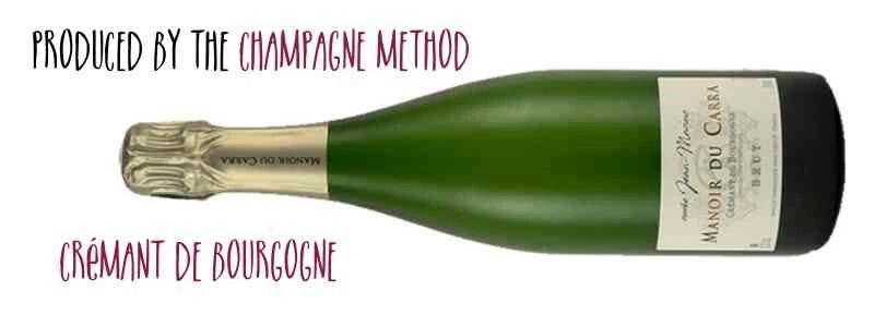Bottle of Cremant de Bourgogne sparkling wine on its side Captioned "Produced by the champagne method, Crémant de Bourgogne"