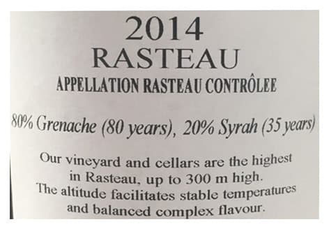 Back label of Domaine des Escaravailles Rasteau