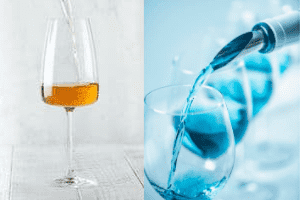 A glass of orange wine and two glasses of blue-coloured wine being poured