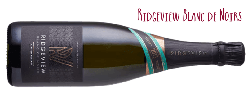 Bottle of Ridgeview Blanc de Noirs English sparkling wine on its side