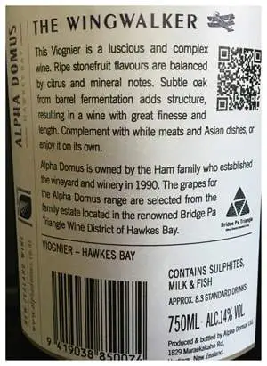 Wine label for a Viognier wine reading "Contains sulphites, milk & fish"