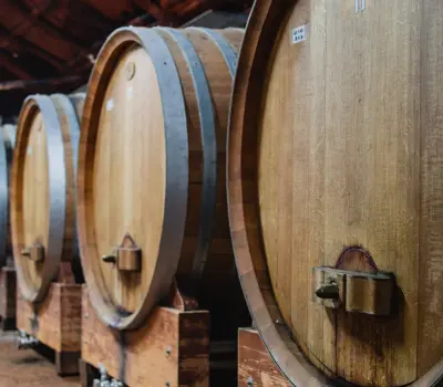 Three large oak barrels with taps in the side