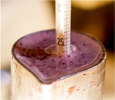 A device that looks like a thermometer - called a refractometer to measure alcohol in wine - in a silver jug of frothy red wine