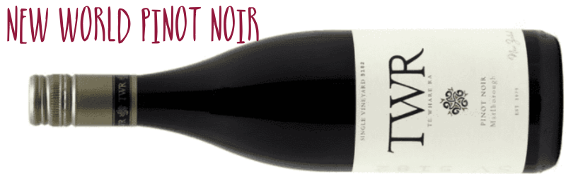 Bottle of TWR Pinot Noir on its side and captioned New World Pinot Noir