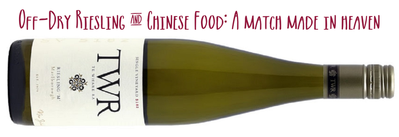Bottle of TWR Riesling M on its side captioned "Off dry riesling and chinese food: a match made in heaven