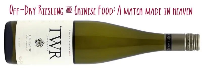 Bottle of TWR Riesling M on its side captioned "Off dry riesling and chinese food: a match made in heaven