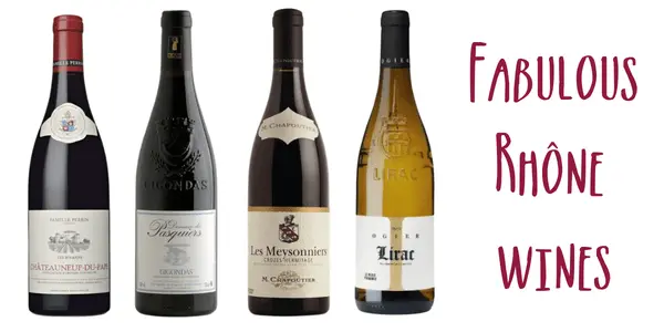 three bottles of red and one bottle of white wine captioned "Fabulous Rhône wines"