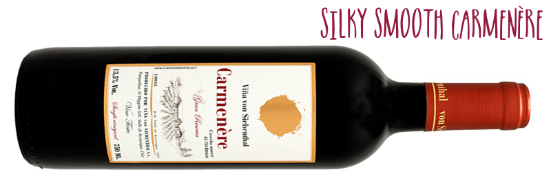 Bottle of Von Siebenthal Carmenere on its side with caption Silky smooth Carmenere