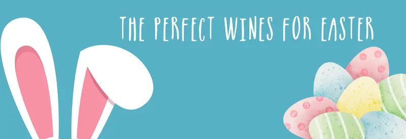 A sketch of some rabbit ears and some easter eggs on a bright bkue background Captioned "The perfect wines for Easter"