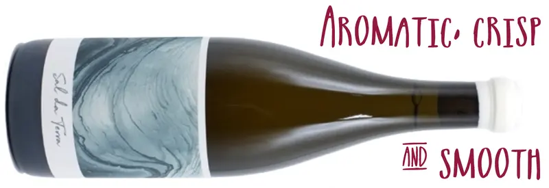 Bottle of Sal da Terra Albarino on its side with caption "Aromatic, crisp & Smooth"