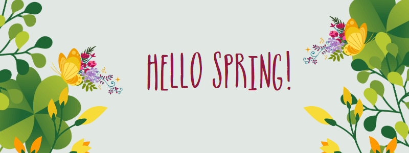 Pale green background with fresh flower and leavf images at each side and in the middle in burgundy coloured writing "Spring Wines"