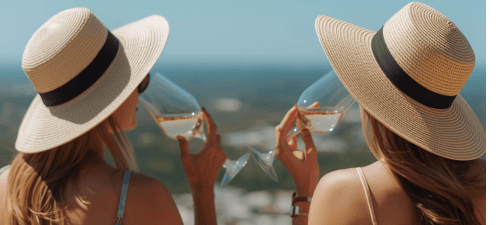 Two women in sun hats drinking rose wine