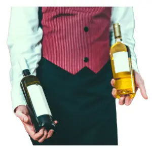 Waiter in red waistcoat and black trousers holding two bottles of wine, one clearly heavier than the other