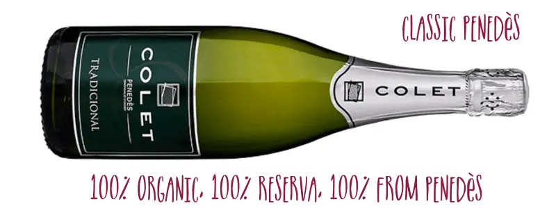 A bottle of Colet Tradicion Classic Penedes sparkling wine on its side