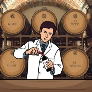 Graphic of man in a wine cellar wearing a lab coat adding sulphites to a bottle of wine