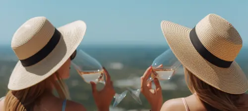 Two women in sun hats drinking rose wine