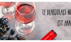Glass of light coloured red Beaujolais wine with black grapes and caption "Le Beaujolais nouveau est arrivé!"