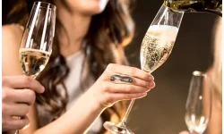 Brown haired woman raising a glass of champagne with friends in a party atmosphere